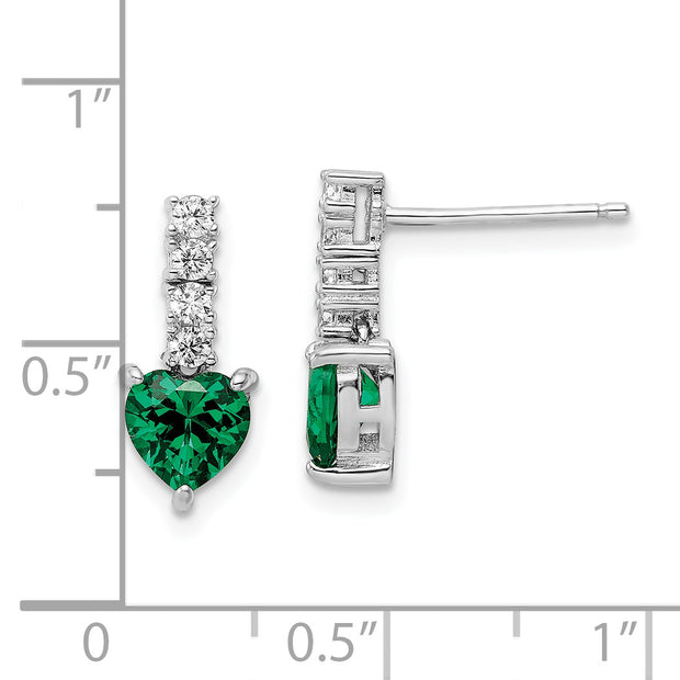 Sterling Silver Polished Rhodium Green/Clear CZ Heart Post Dangle Earrings