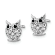 Sterling Silver Rhodium-plated Black & White CZ Owl Post Earrings