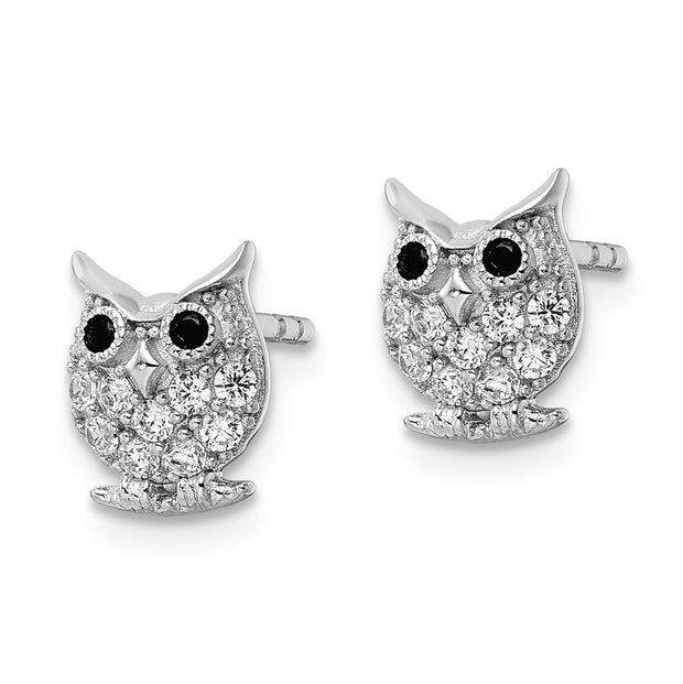Sterling Silver Rhodium-plated Black & White CZ Owl Post Earrings