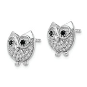 Sterling Silver Rhodium-plated Black & White CZ Owl Earrings