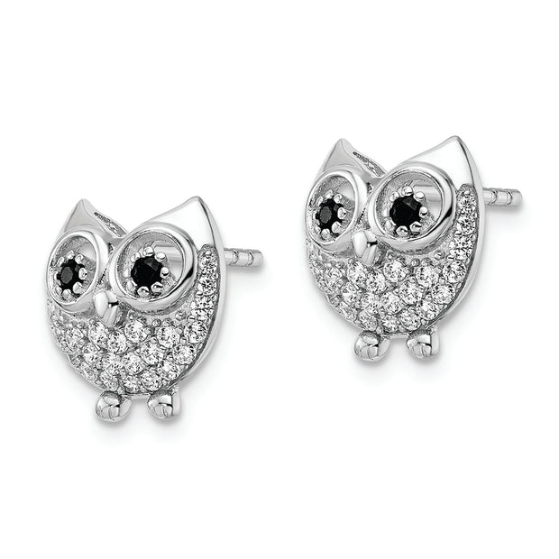 Sterling Silver Rhodium-plated Black & White CZ Owl Earrings