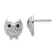 Sterling Silver Rhodium-plated Black & White CZ Owl Earrings