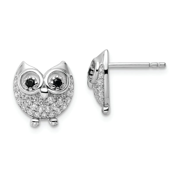 Sterling Silver Rhodium-plated Black & White CZ Owl Earrings