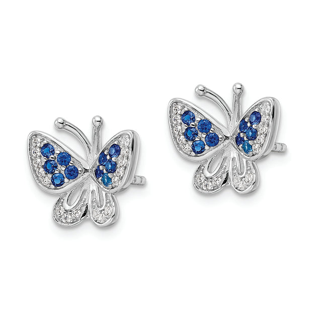 Sterling Silver Rhodium-plated Blue & White CZ Butterfly Post Earrings
