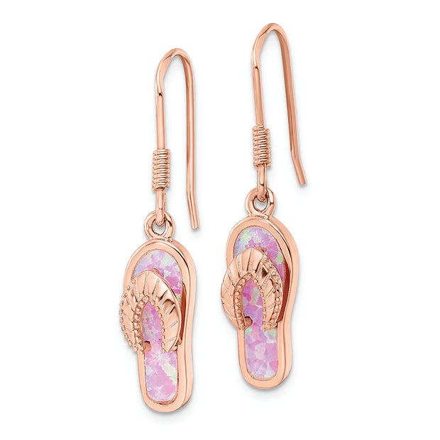 Sterling Silver Rose-tone Pink Created Opal Inlay Flip Flop Dangle Earrings