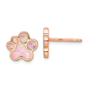 Sterling Silver Rose-tone Created Opal Inlay Pawprint Post Earrings
