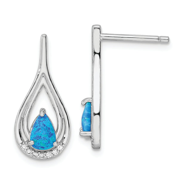 Sterling Silver RH-plated Pear Shape Blue Created Opal CZ Post Earrings
