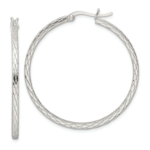 Sterling Silver Diamond Pattern Hoop Earrings
