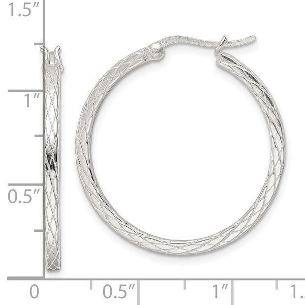 Sterling Silver Rhodium-plated Diamond Pattern Hoop Earrings