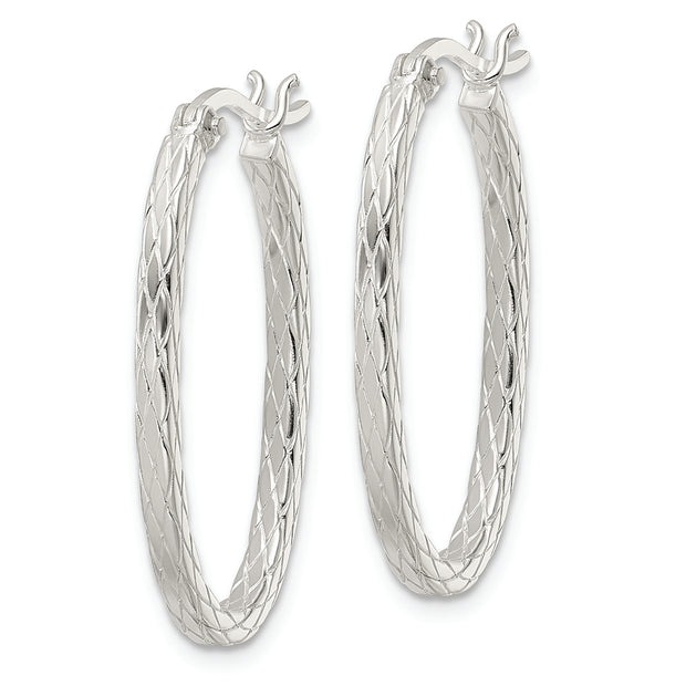 Sterling Silver Diamond Pattern Oval Hoop Earrings