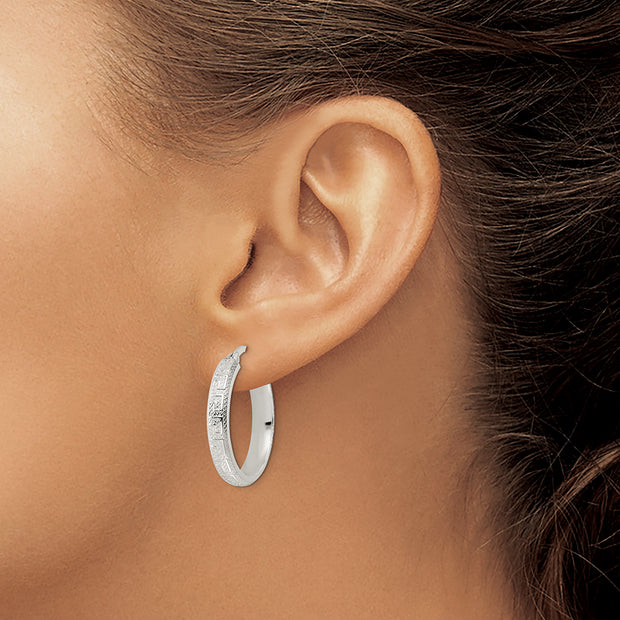 Sterling Silver Textured Greek Key 4x24mm Tube Hoop Earrings