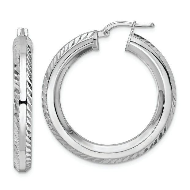 Sterling Silver Rhodium-plated 5x34mm D/C Octagon Tube Hoop Earrings