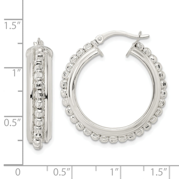 Sterling Silver Polished and DIamond-cut Beaded Hoop Earrings