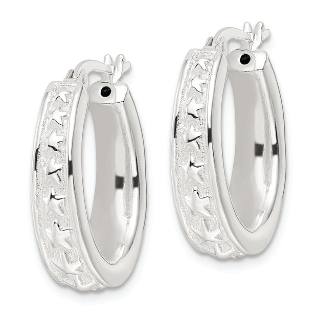 Sterling Silver Polished Star Oval Hoop Earrings