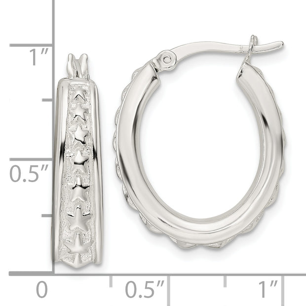 Sterling Silver Polished Star Oval Hoop Earrings