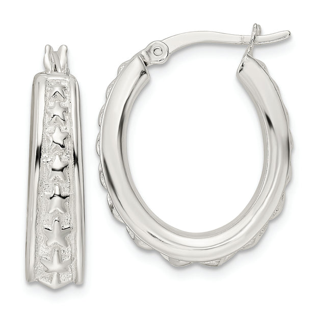 Sterling Silver Polished Star Oval Hoop Earrings