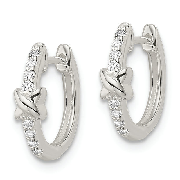 Sterling Silver Polished X CZ Hinged Hoop Earrings