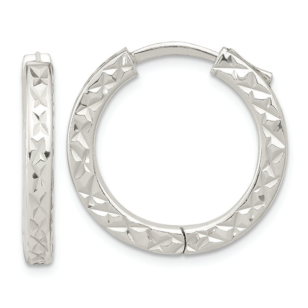 Sterling Silver Polished D/C Square Tube Locking Hoop Earrings