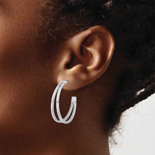 Sterling Silver Rhodium Plated Split Design Hoop Post Earrings