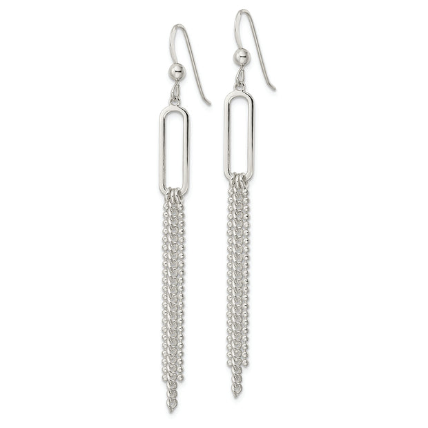 Sterling Silver Polished Oval and Multi-Strand Beaded Chain Dangle Earrings