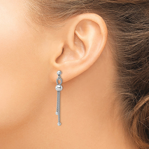 Sterling Silver Rhod-plated Polished Beaded Chain Post Dangle Earrings