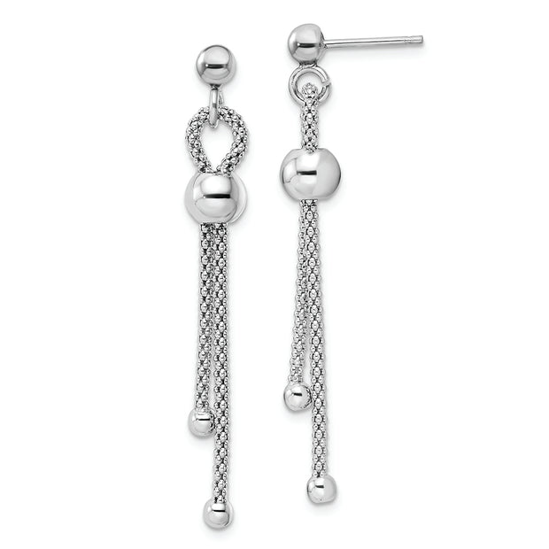 Sterling Silver Rhod-plated Polished Beaded Chain Post Dangle Earrings