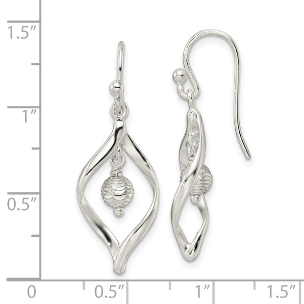 Sterling Silver Polished & Diamond-cut Twist w/Ball Center Dangle Earrings