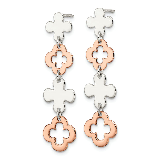 Sterling Silver Rose-tone Flower Dangle Post Earrings