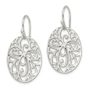 Sterling Silver Polished Cross Design Oval Dangle Earrings