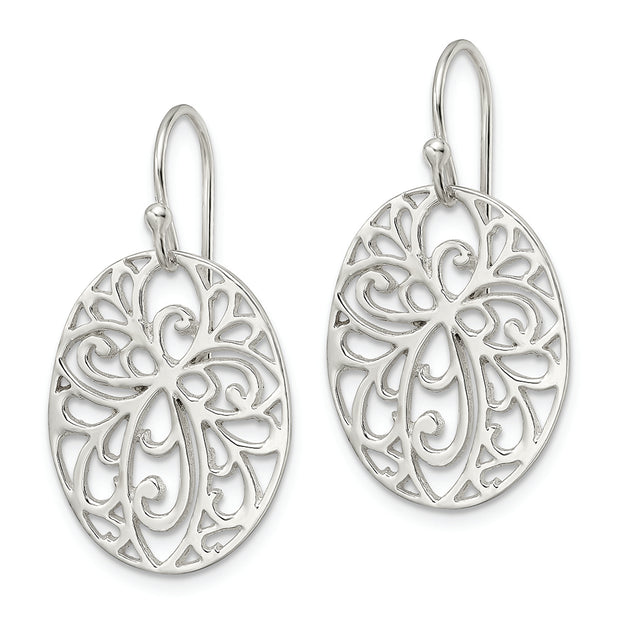 Sterling Silver Polished Cross Design Oval Dangle Earrings