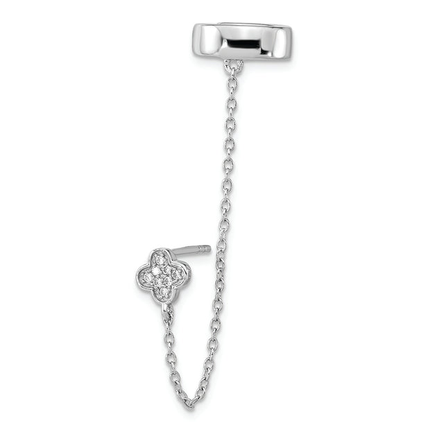 Sterling Silver RH-plated CZ Flower w/ 2inch Chain Single Post & Cuff Earr