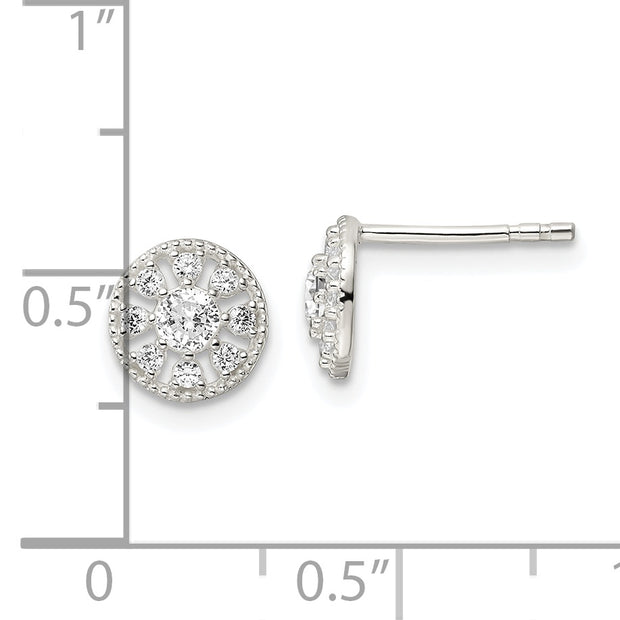 Sterling Silver Polished & Textured CZ Circle Post Earrings