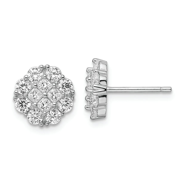 Sterling Silver Rhodium-plated Polished CZ Cluster Flower Post Earrings