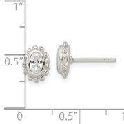 Sterling Silver Polished & Beaded Edge Oval CZ Post Earrings