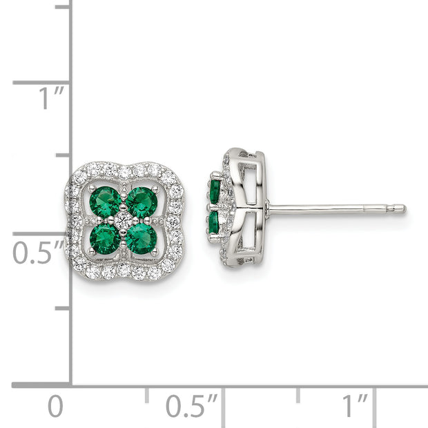 Sterling Silver Rhod-plated Polished Green & White CZ Clover Post Earrings