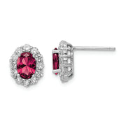 Sterling Silver Rhodium-plated Red & White CZ Oval Post Earrings