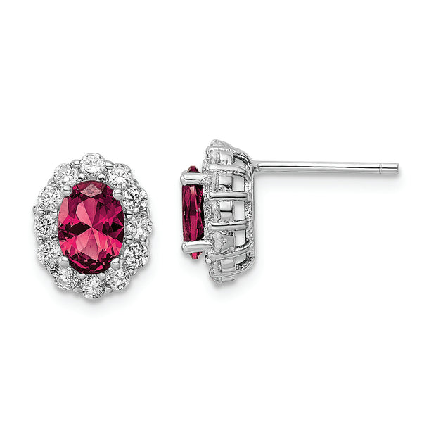 Sterling Silver Rhodium-plated Red & White CZ Oval Post Earrings