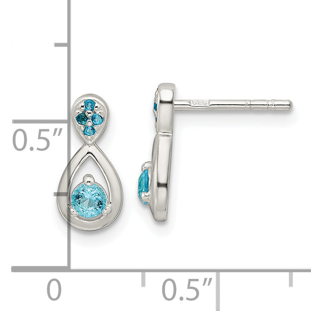 Sterling Silver Polished Blue CZ Teardrop Post Dangle Earrings