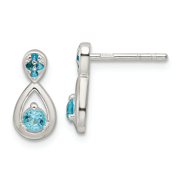 Sterling Silver Polished Blue CZ Teardrop Post Dangle Earrings
