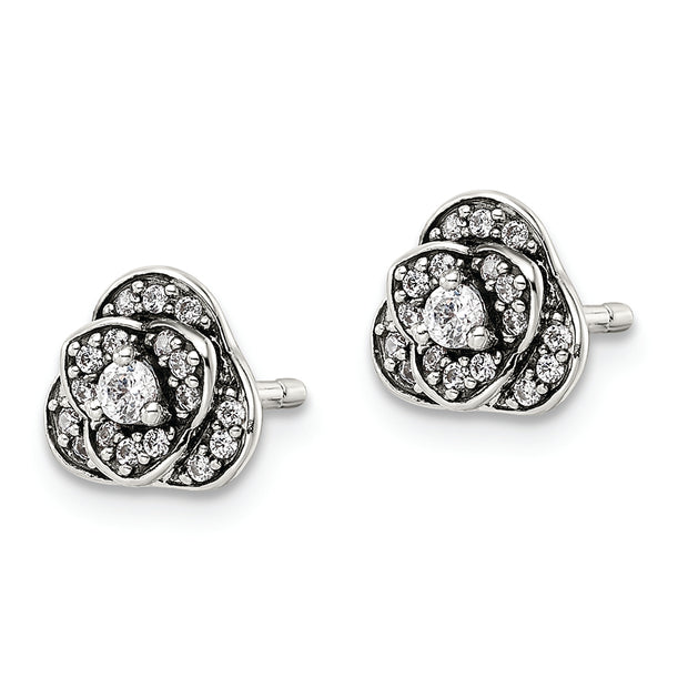 Sterling Silver Antiqued CZ Trilogy Post Earrings