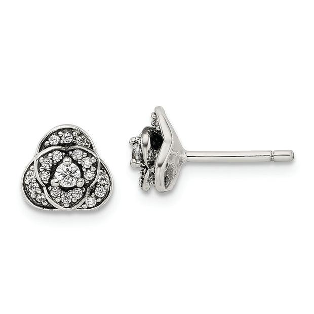 Sterling Silver Antiqued CZ Trilogy Post Earrings