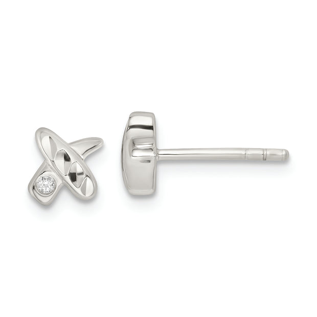 Sterling Silver Polished D/C X CZ Post Earrings