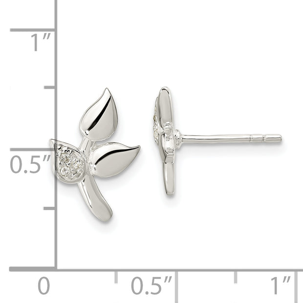 Sterling Silver Polished CZ Leaves Post Earrings
