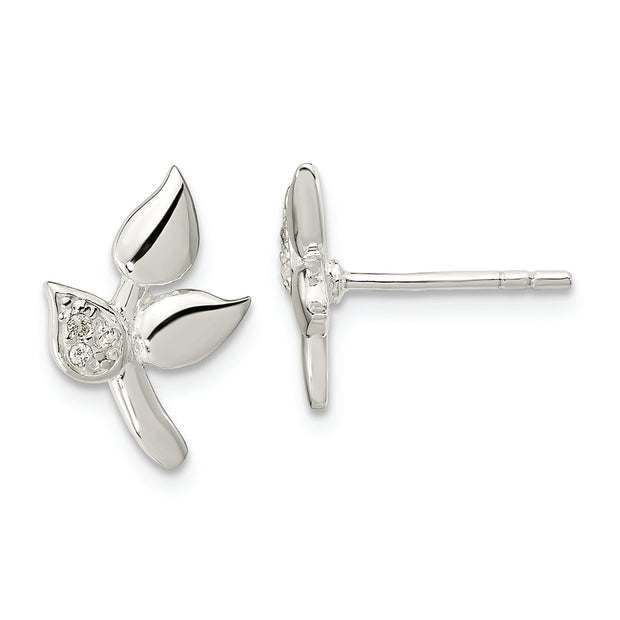 Sterling Silver Polished CZ Leaves Post Earrings