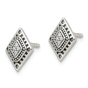 Sterling Silver Polished & Antiqued CZ Diamond-shape Post Earrings