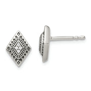 Sterling Silver Polished & Antiqued CZ Diamond-shape Post Earrings