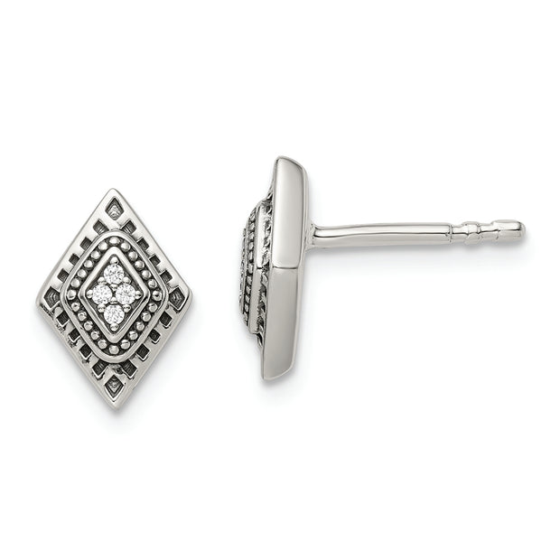 Sterling Silver Polished & Antiqued CZ Diamond-shape Post Earrings