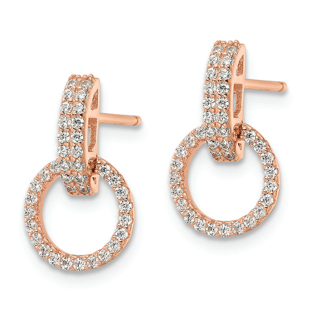 Sterling Silver Rose-tone Polished CZ Circle Post Dangle Earrings