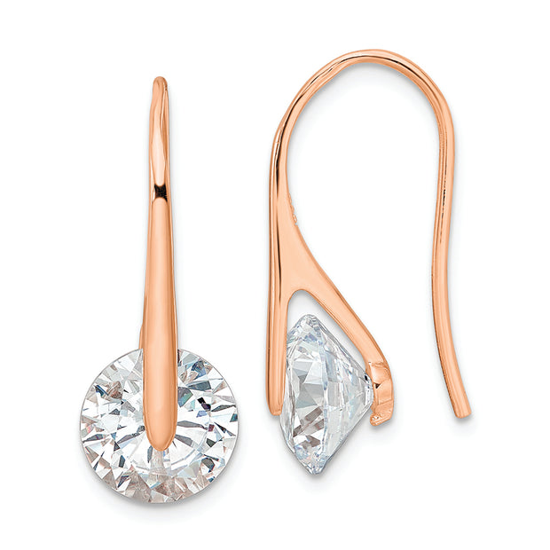 Sterling Silver Rose-tone Polished Round CZ Dangle Earrings