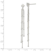 Sterling Silver Polished CZ & Beaded Chain Post Dangle Earrings